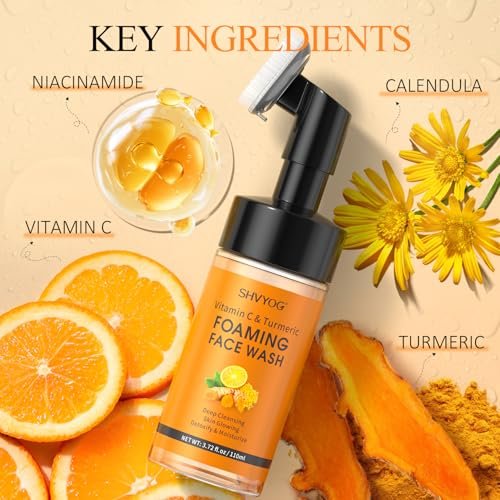 SHVYOG Vitamin C Turmeric Face Wash with Brush - Foaming Facial Cleanser for Dark Spots, Uneven Skin Tone, Moisturizing & Exfoliating, 3.72 Fl Oz - görsel 4