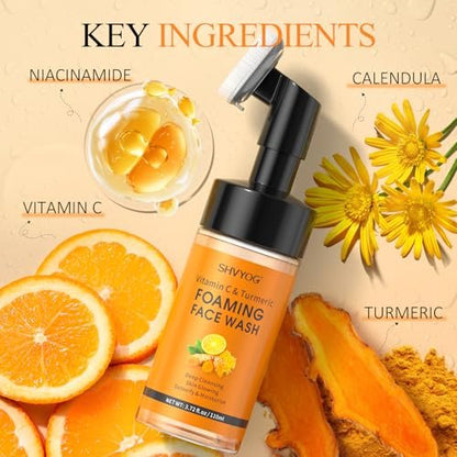 SHVYOG Vitamin C Turmeric Face Wash with Brush - Foaming Facial Cleanser for Dark Spots, Uneven Skin Tone, Moisturizing & Exfoliating, 3.72 Fl Oz
