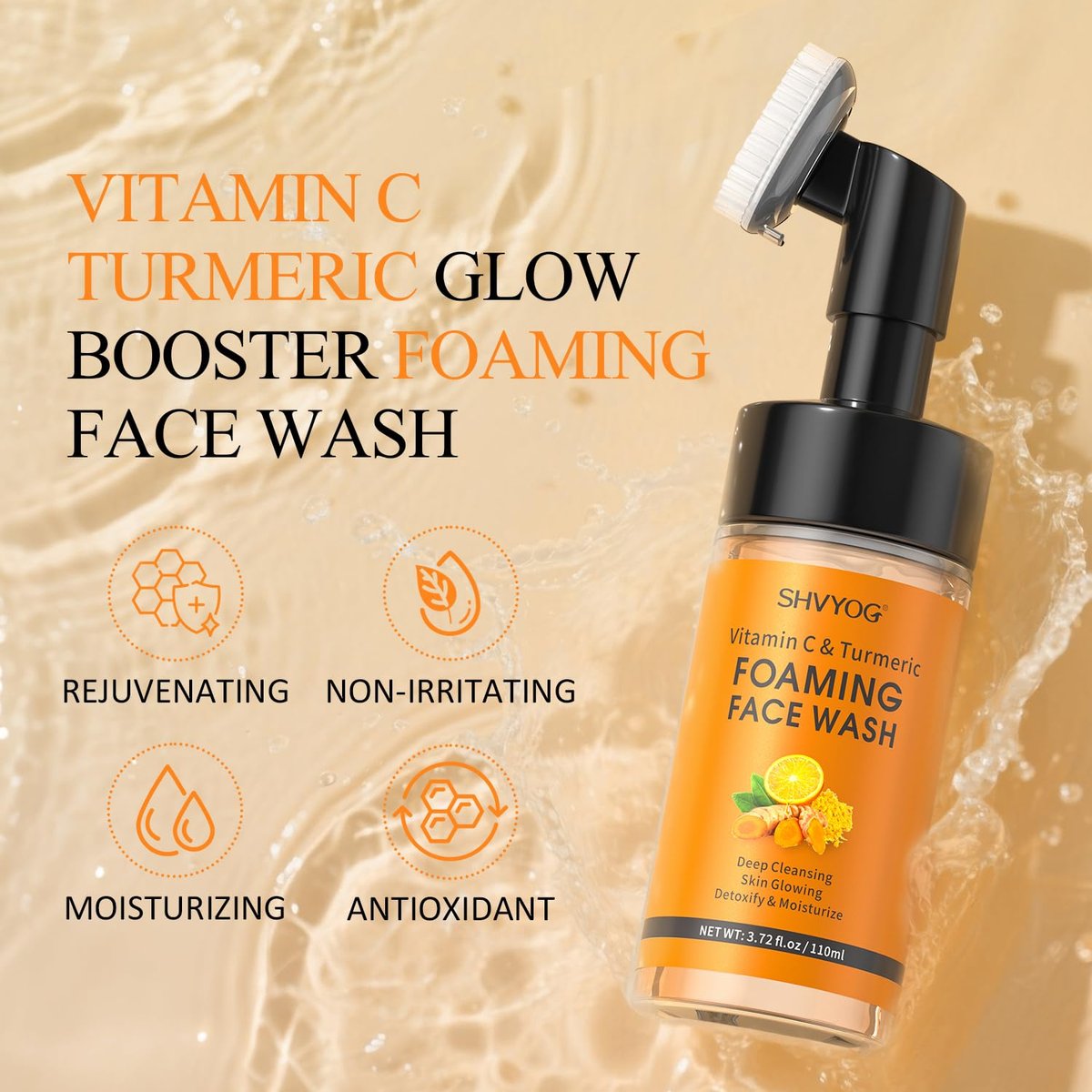 SHVYOG Vitamin C Turmeric Face Wash with Brush - Foaming Facial Cleanser for Dark Spots, Uneven Skin Tone, Moisturizing & Exfoliating, 3.72 Fl Oz - görsel 9