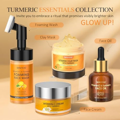 SHVYOG Vitamin C Turmeric Face Wash with Brush - Foaming Facial Cleanser for Dark Spots, Uneven Skin Tone, Moisturizing & Exfoliating, 3.72 Fl Oz