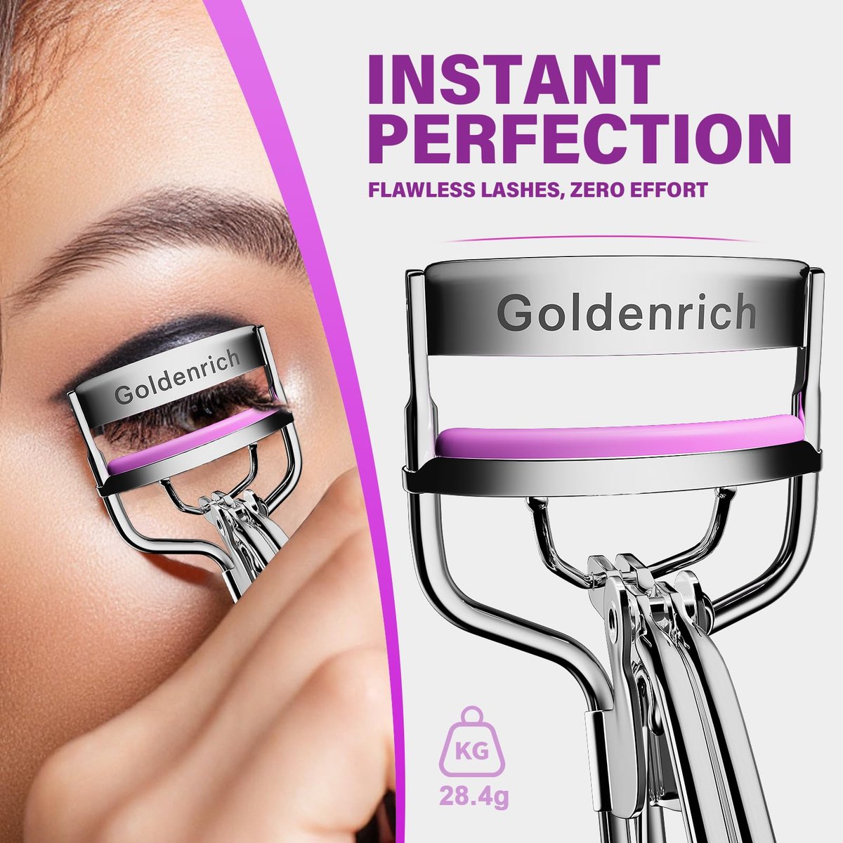 Goldenrich Eyelash Curler with 6 Replacement Pads – Painless Perfect Curl for All Eye Shapes (Silver Purple Pink) - görsel 6