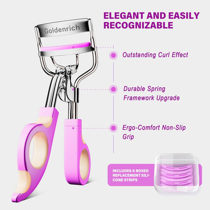 Goldenrich Eyelash Curler with 6 Replacement Pads – Painless Perfect Curl for All Eye Shapes (Silver Purple Pink)