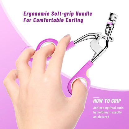 Goldenrich Eyelash Curler with 6 Replacement Pads – Painless Perfect Curl for All Eye Shapes (Silver Purple Pink)