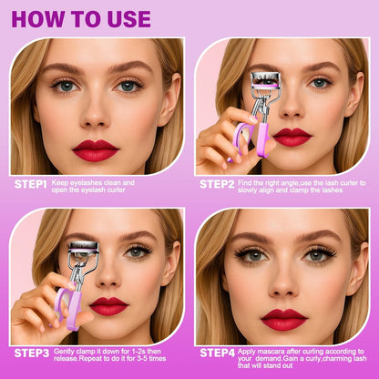 Goldenrich Eyelash Curler with 6 Replacement Pads – Painless Perfect Curl for All Eye Shapes (Silver Purple Pink)