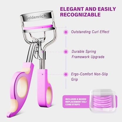 Goldenrich Eyelash Curler with 6 Replacement Pads – Painless Perfect Curl for All Eye Shapes (Silver Purple Pink)