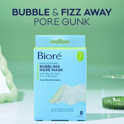 Bioré Pore Refining Bubbling Nose Mask with Glycolic Acid and Hyaluronic Acid – Deep Pore Cleansing Exfoliating Mask, 8 Ct