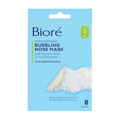 Bioré Pore Refining Bubbling Nose Mask with Glycolic Acid and Hyaluronic Acid – Deep Pore Cleansing Exfoliating Mask, 8 Ct