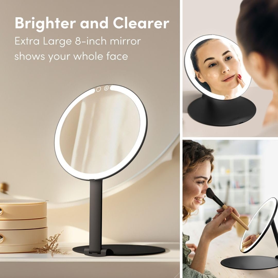 Fancii Abigail Rechargeable Travel Makeup Mirror with LED Light, 8" Foldable Stand, 3 Color Lighting, Dimmable & Lightweight Portable Vanity Mirror (Black) Avelisse