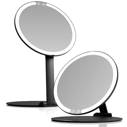Fancii Abigail Rechargeable Travel Makeup Mirror with LED Light, 8" Foldable Stand, 3 Color Lighting, Dimmable & Lightweight Portable Vanity Mirror (Black) Avelisse