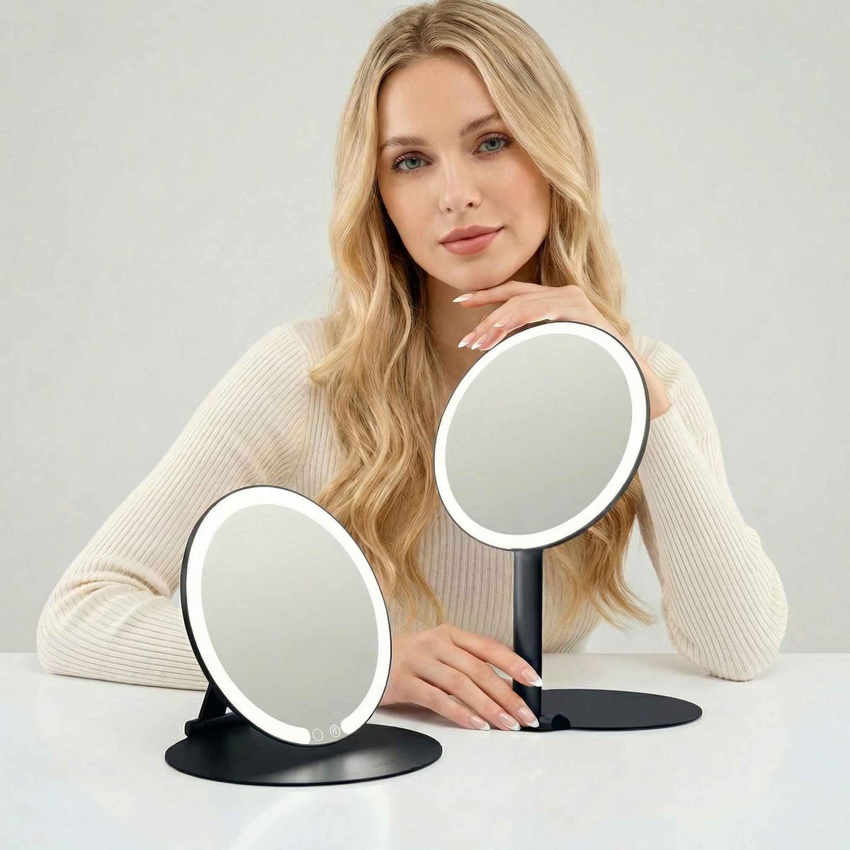 Fancii Abigail Rechargeable Travel Makeup Mirror with LED Light, 8" Foldable Stand, 3 Color Lighting, Dimmable & Lightweight Portable Vanity Mirror (Black) Avelisse