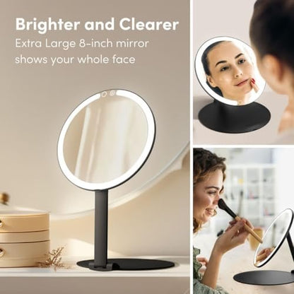 Fancii Abigail Rechargeable Travel Makeup Mirror with LED Light, 8" Foldable Stand, 3 Color Lighting, Dimmable & Lightweight Portable Vanity Mirror (Black) Avelisse