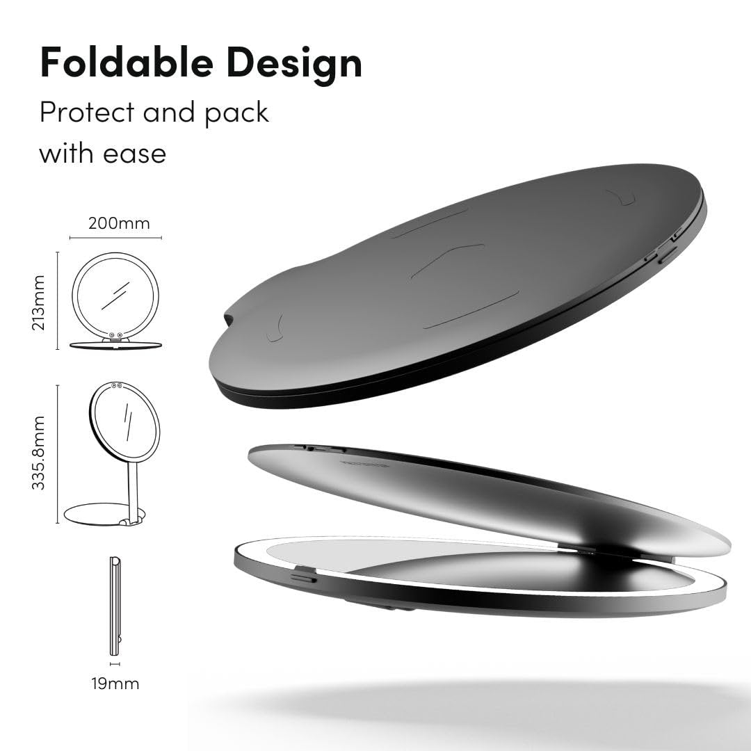 Fancii Abigail Rechargeable Travel Makeup Mirror with LED Light, 8" Foldable Stand, 3 Color Lighting, Dimmable & Lightweight Portable Vanity Mirror (Black) Avelisse