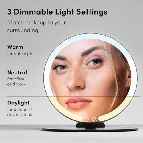 Fancii Abigail Rechargeable Travel Makeup Mirror with LED Light, 8" Foldable Stand, 3 Color Lighting, Dimmable & Lightweight Portable Vanity Mirror (Black) Avelisse