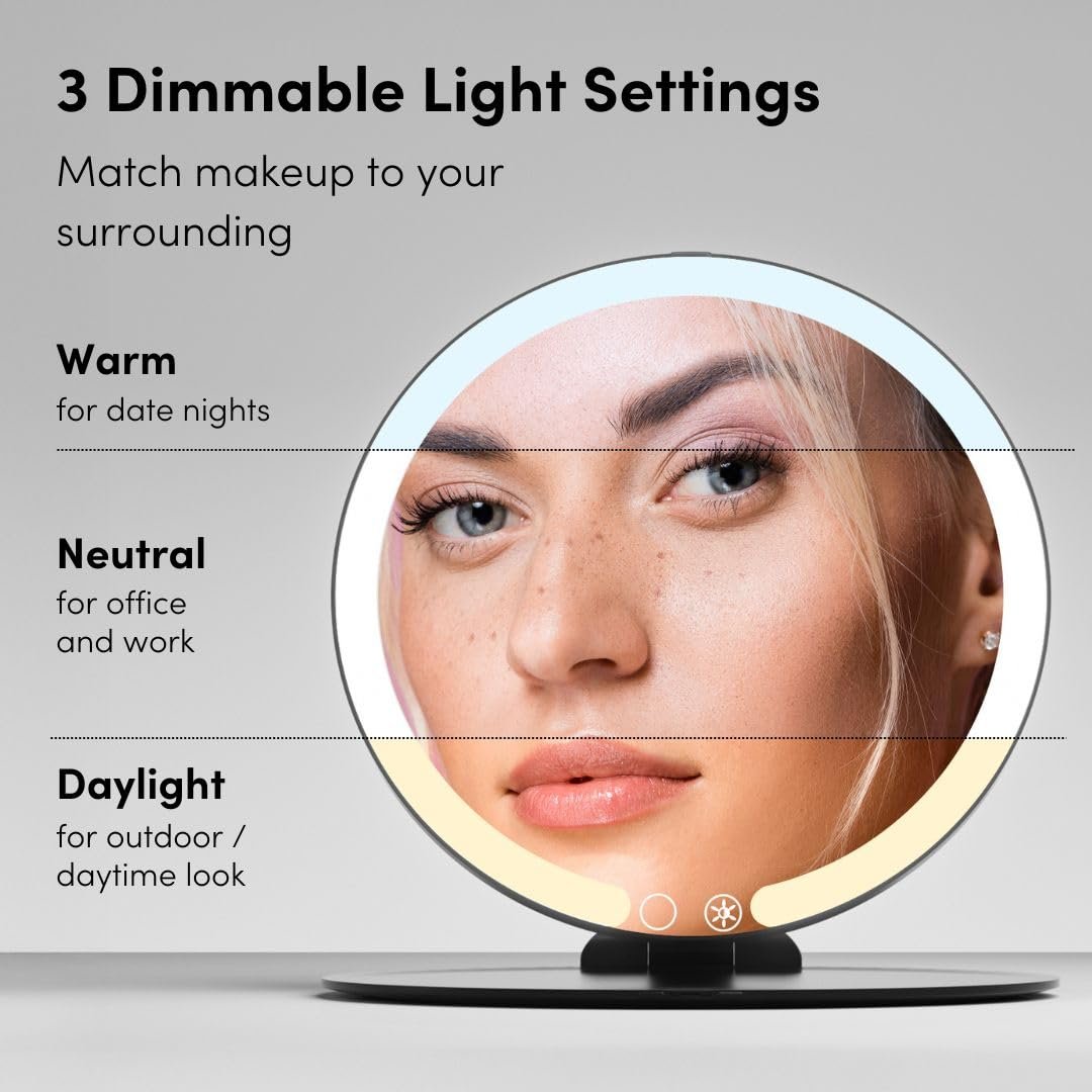 Fancii Abigail Rechargeable Travel Makeup Mirror with LED Light, 8" Foldable Stand, 3 Color Lighting, Dimmable & Lightweight Portable Vanity Mirror (Black) Avelisse