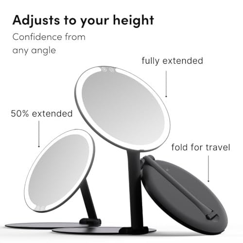 Fancii Abigail Rechargeable Travel Makeup Mirror with LED Light, 8" Foldable Stand, 3 Color Lighting, Dimmable & Lightweight Portable Vanity Mirror (Black) Avelisse