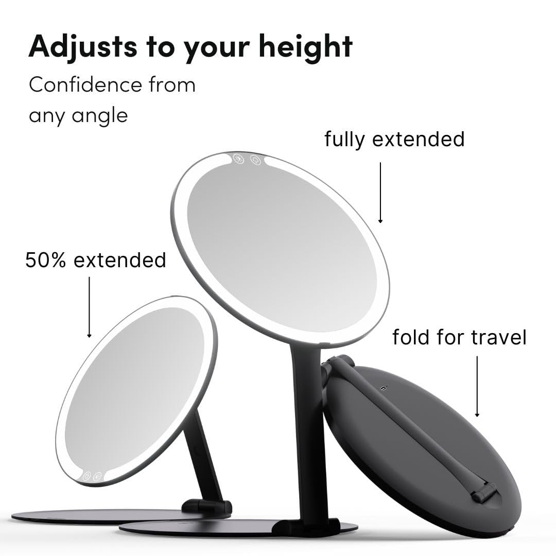 Fancii Abigail Rechargeable Travel Makeup Mirror with LED Light, 8" Foldable Stand, 3 Color Lighting, Dimmable & Lightweight Portable Vanity Mirror (Black) Avelisse
