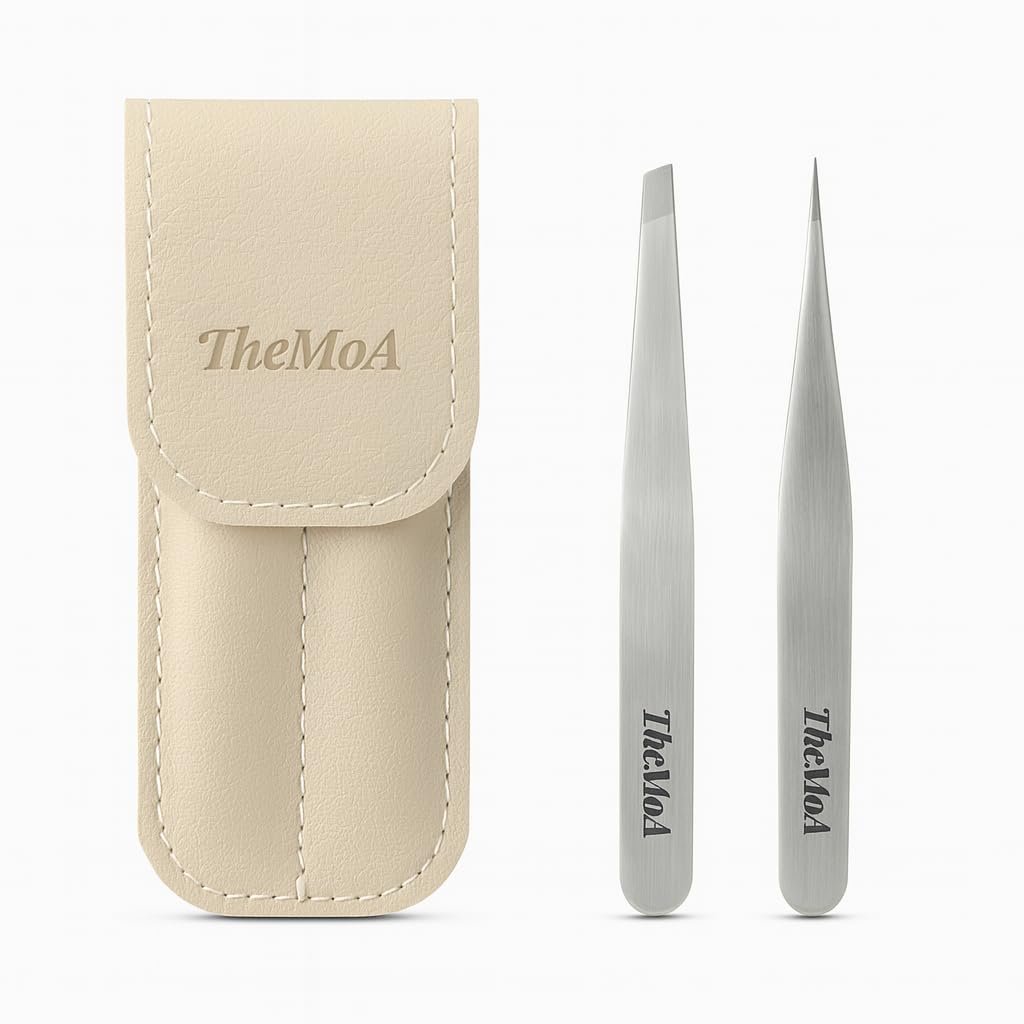 THEMOA Precision Tweezers Set – Stainless Steel Pointed & Slant Tip Tweezers for Eyebrow, Facial Hair, Ingrown Hair, Professional Beauty Tool with Case Avelisse