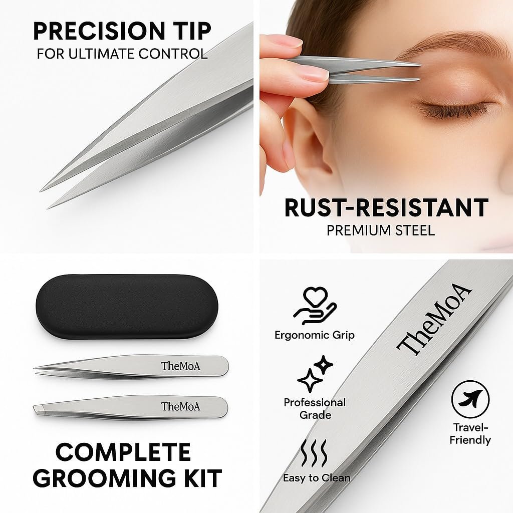 THEMOA Precision Tweezers Set – Stainless Steel Pointed & Slant Tip Tweezers for Eyebrow, Facial Hair, Ingrown Hair, Professional Beauty Tool with Case Avelisse