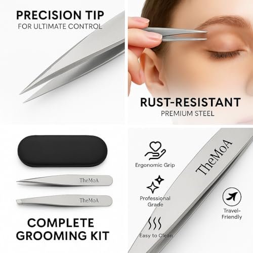 THEMOA Precision Tweezers Set – Stainless Steel Pointed & Slant Tip Tweezers for Eyebrow, Facial Hair, Ingrown Hair, Professional Beauty Tool with Case Avelisse