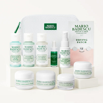 A Little Bit of Mario 10-Piece Skincare Kit – Vitamin C Serum, Glycolic Acid Toner, Hyaluronic Dew Cream, Collagen Mask, HOCI Spray & Cleanser – Brightening, Anti-Aging & Hydration – Travel & Gift Set Avelisse