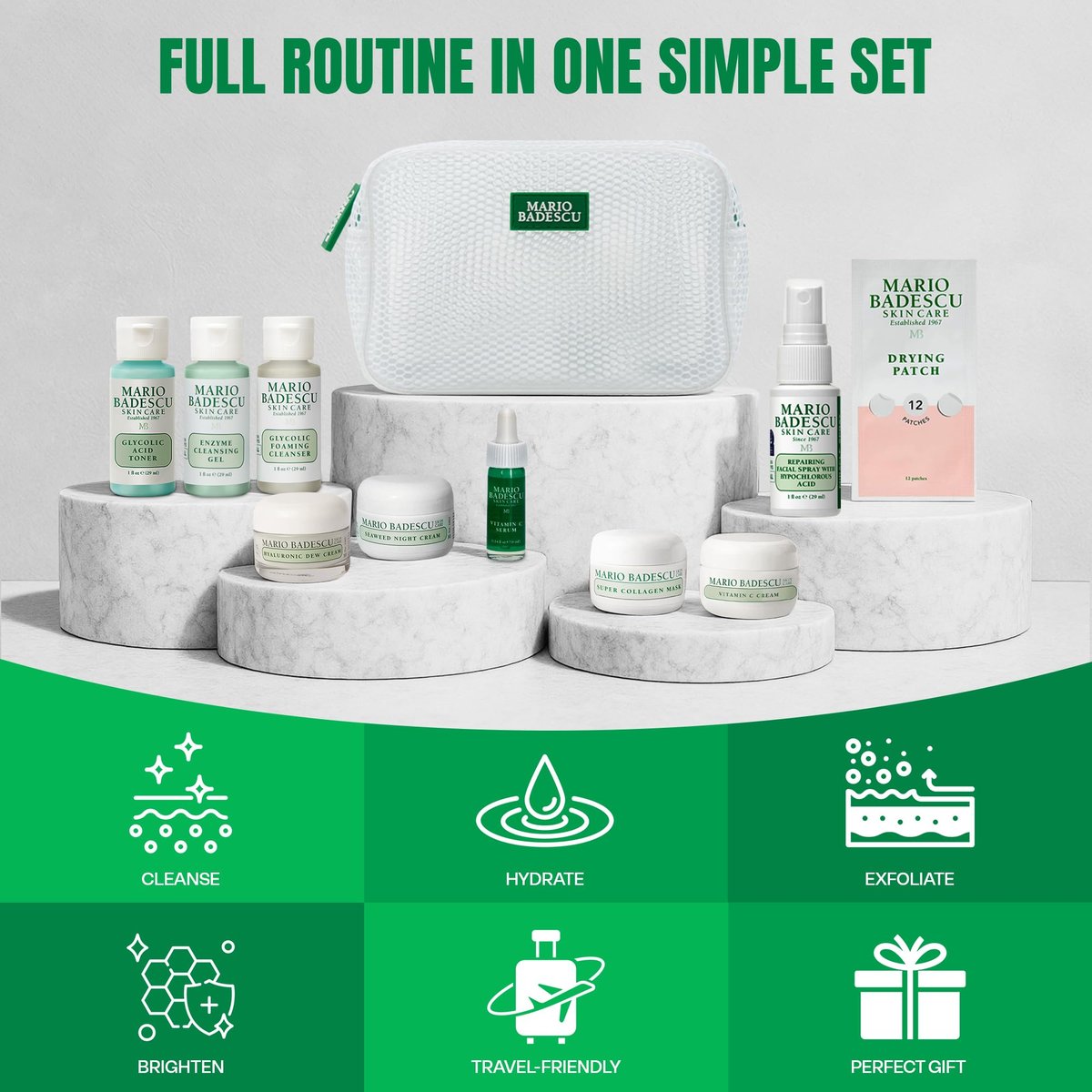 A Little Bit of Mario 10-Piece Skincare Kit – Vitamin C Serum, Glycolic Acid Toner, Hyaluronic Dew Cream, Collagen Mask, HOCI Spray & Cleanser – Brightening, Anti-Aging & Hydration – Travel & Gift Set Avelisse