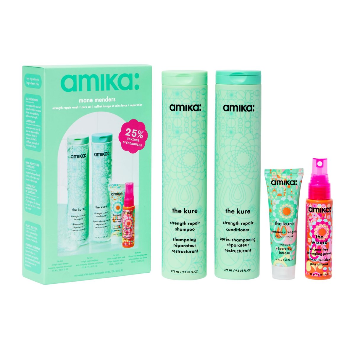Amika Mane Menders Strength Repair Wash + Care Set - 20.4 Fl Oz Signature Shampoo & Conditioner Set for Damaged Hair Avelisse