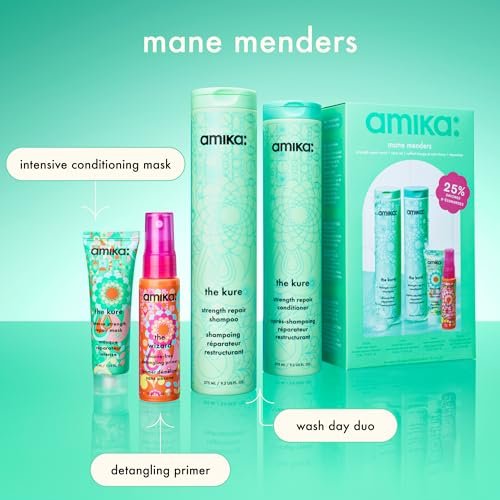 Amika Mane Menders Strength Repair Wash + Care Set - 20.4 Fl Oz Signature Shampoo & Conditioner Set for Damaged Hair Avelisse