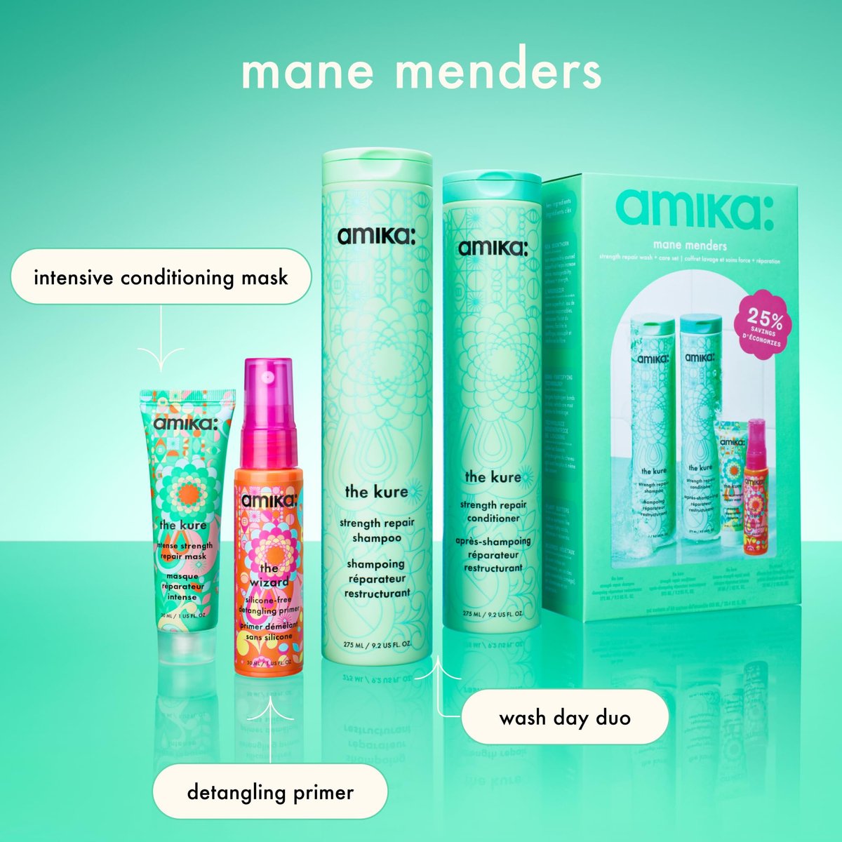 Amika Mane Menders Strength Repair Wash + Care Set - 20.4 Fl Oz Signature Shampoo & Conditioner Set for Damaged Hair Avelisse