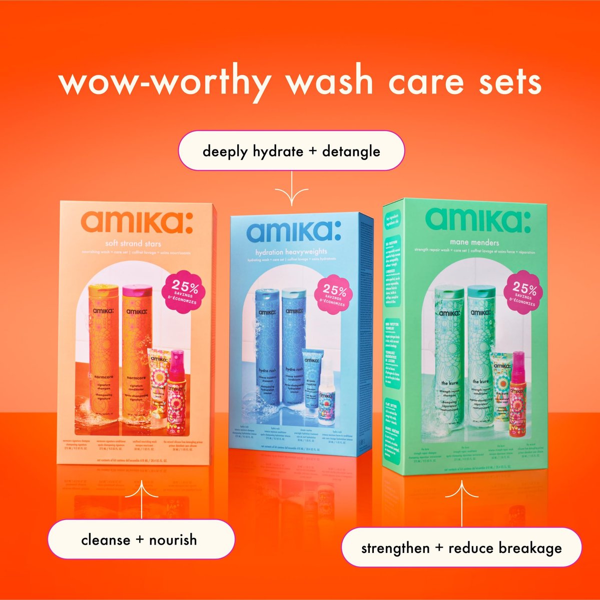 Amika Mane Menders Strength Repair Wash + Care Set - 20.4 Fl Oz Signature Shampoo & Conditioner Set for Damaged Hair Avelisse