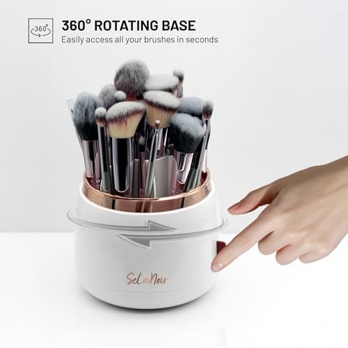 Selanoir Rotating Makeup Brush Holder with Lid – Dustproof Vanity Organizer (White), Bonus Foldable Cleaner Bowl Avelisse
