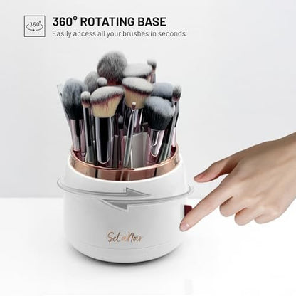 Selanoir Rotating Makeup Brush Holder with Lid – Dustproof Vanity Organizer (White), Bonus Foldable Cleaner Bowl Avelisse