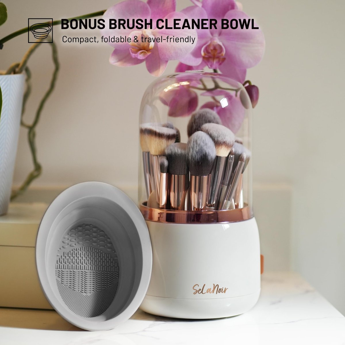 Selanoir Rotating Makeup Brush Holder with Lid – Dustproof Vanity Organizer (White), Bonus Foldable Cleaner Bowl Avelisse