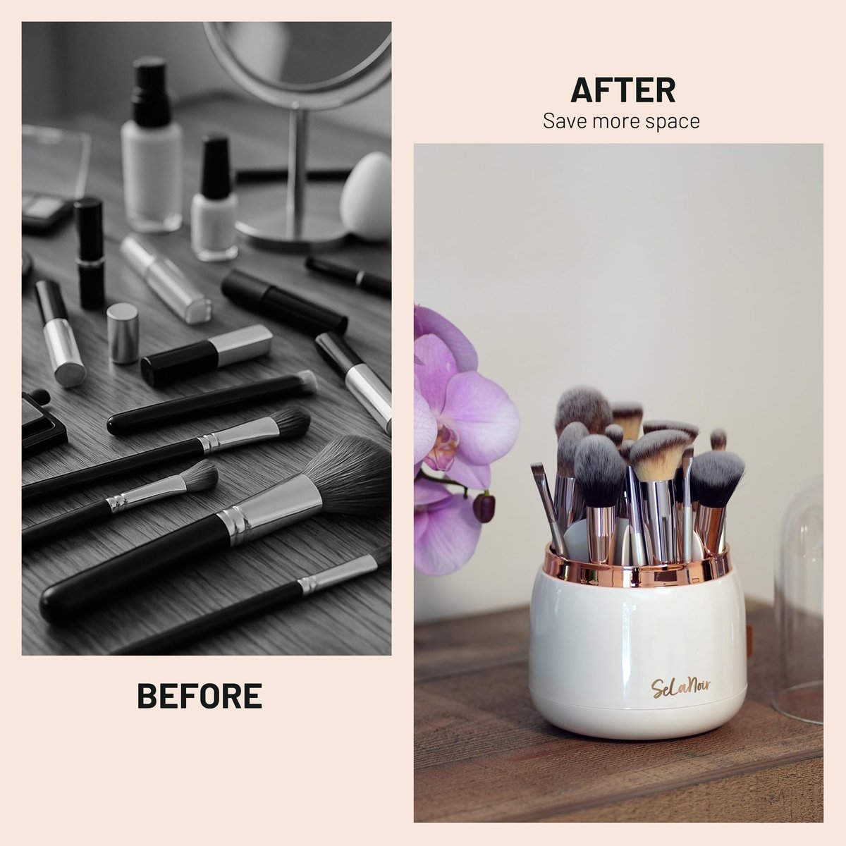 Selanoir Rotating Makeup Brush Holder with Lid – Dustproof Vanity Organizer (White), Bonus Foldable Cleaner Bowl Avelisse