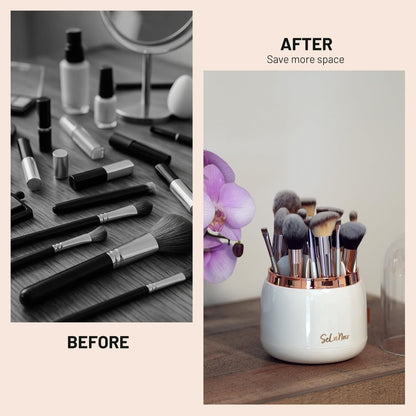Selanoir Rotating Makeup Brush Holder with Lid – Dustproof Vanity Organizer (White), Bonus Foldable Cleaner Bowl Avelisse
