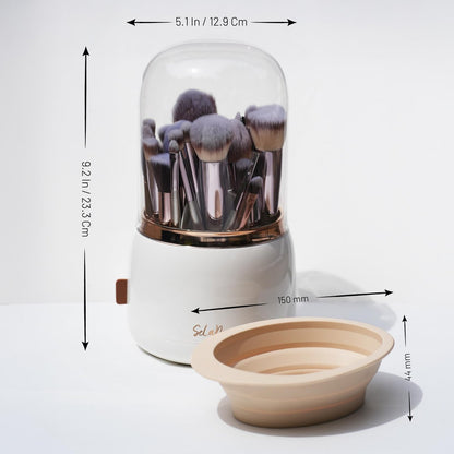 Selanoir Rotating Makeup Brush Holder with Lid – Dustproof Vanity Organizer (White), Bonus Foldable Cleaner Bowl Avelisse