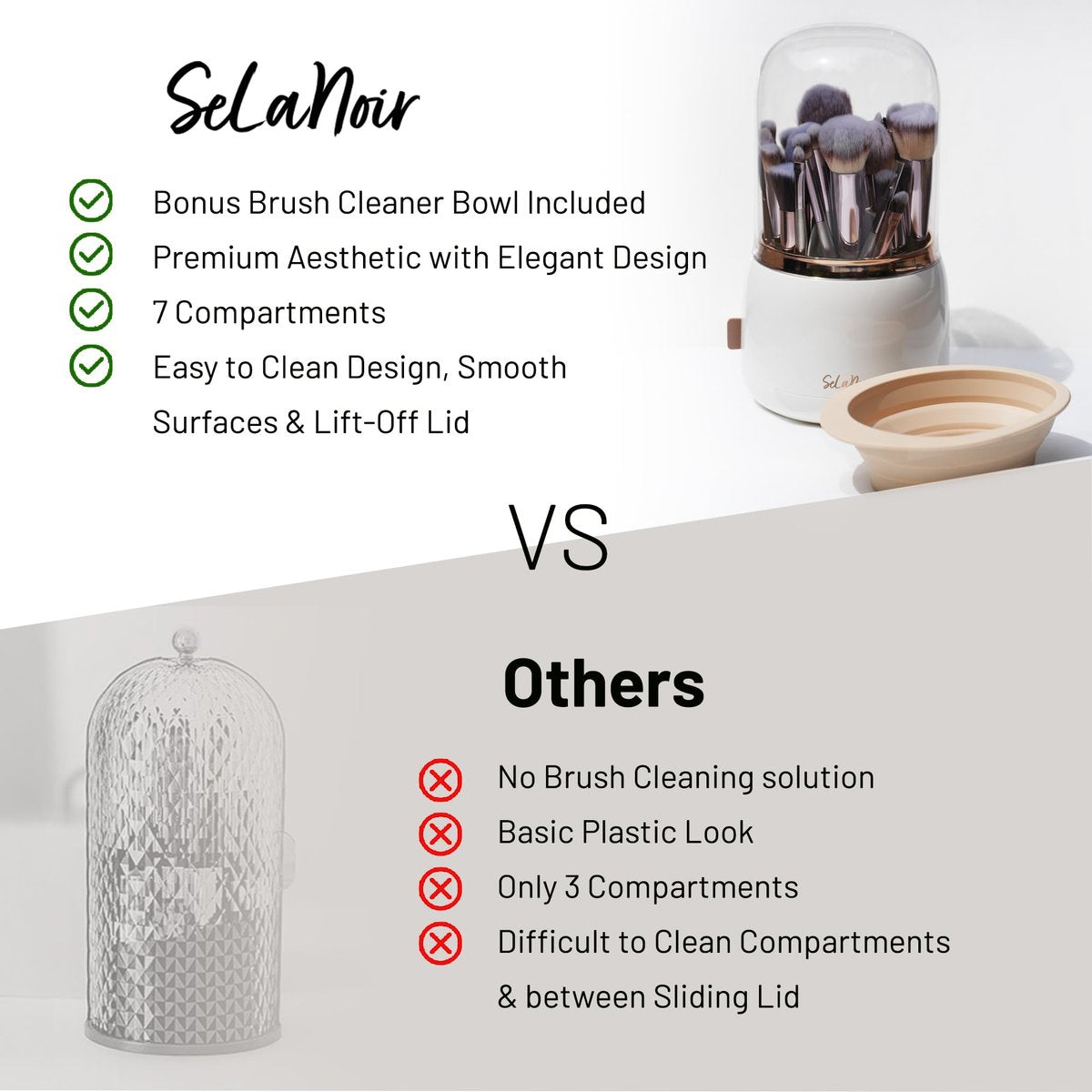 Selanoir Rotating Makeup Brush Holder with Lid – Dustproof Vanity Organizer (White), Bonus Foldable Cleaner Bowl Avelisse