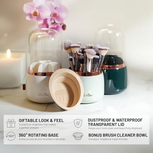 Selanoir Rotating Makeup Brush Holder with Lid – Dustproof Vanity Organizer (White), Bonus Foldable Cleaner Bowl Avelisse
