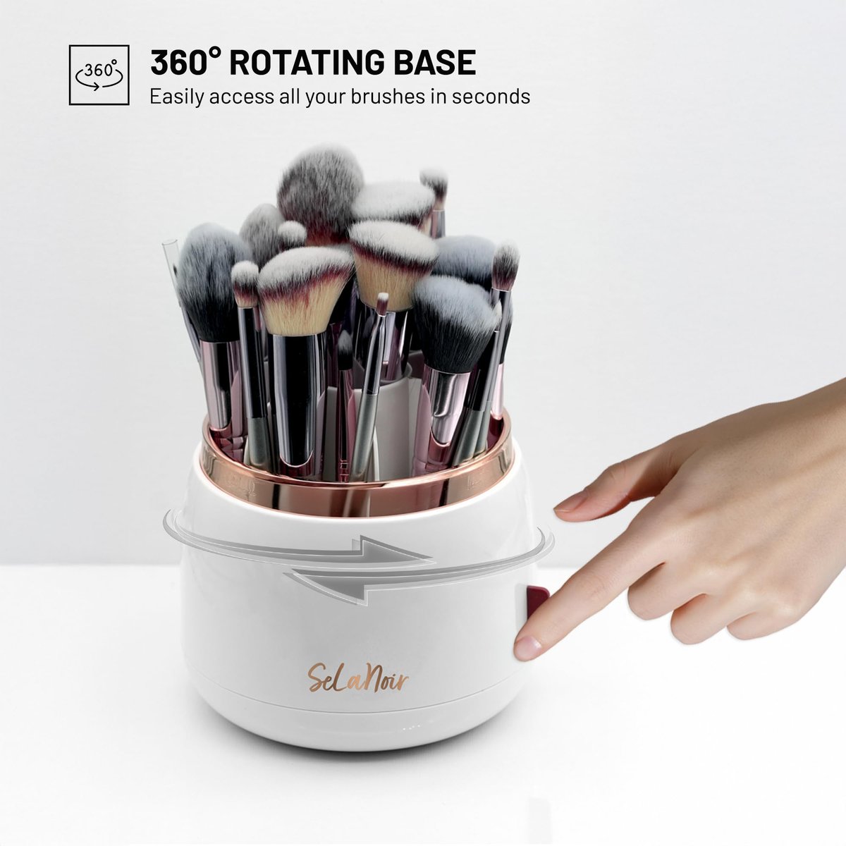 Selanoir Rotating Makeup Brush Holder with Lid – Dustproof Vanity Organizer (White), Bonus Foldable Cleaner Bowl Avelisse