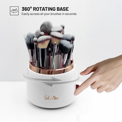Selanoir Rotating Makeup Brush Holder with Lid – Dustproof Vanity Organizer (White), Bonus Foldable Cleaner Bowl Avelisse