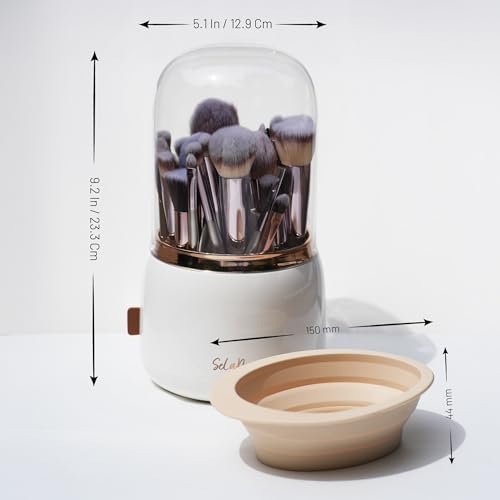 Selanoir Rotating Makeup Brush Holder with Lid – Dustproof Vanity Organizer (White), Bonus Foldable Cleaner Bowl Avelisse