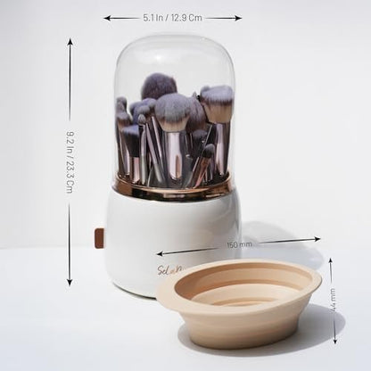 Selanoir Rotating Makeup Brush Holder with Lid – Dustproof Vanity Organizer (White), Bonus Foldable Cleaner Bowl Avelisse
