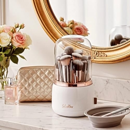 Selanoir Rotating Makeup Brush Holder with Lid – Dustproof Vanity Organizer (White), Bonus Foldable Cleaner Bowl Avelisse