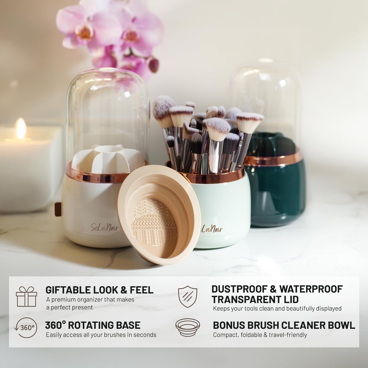 Selanoir Rotating Makeup Brush Holder with Lid – Dustproof Vanity Organizer (White), Bonus Foldable Cleaner Bowl Avelisse
