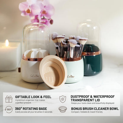 Selanoir Rotating Makeup Brush Holder with Lid – Dustproof Vanity Organizer (White), Bonus Foldable Cleaner Bowl Avelisse