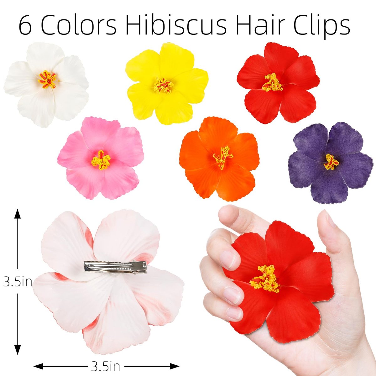 6Pcs Hawaiian Flower Hair Clips for Women – 3.5 Inch Artificial Hibiscus Tropical Hair Clips for Beach Vacation Party - görsel 9