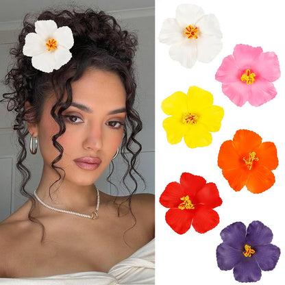 6Pcs Hawaiian Flower Hair Clips for Women – 3.5 Inch Artificial Hibiscus Tropical Hair Clips for Beach Vacation Party