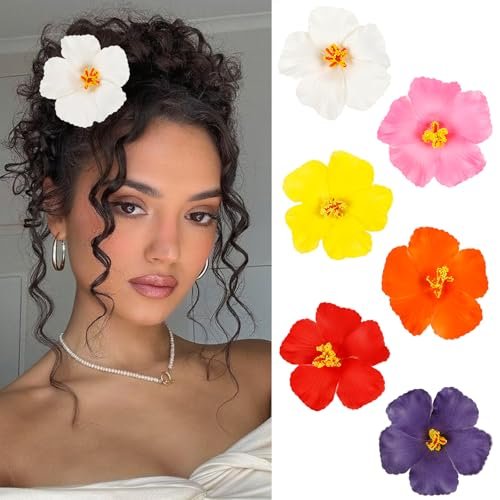 6Pcs Hawaiian Flower Hair Clips for Women – 3.5 Inch Artificial Hibiscus Tropical Hair Clips for Beach Vacation Party - görsel 2