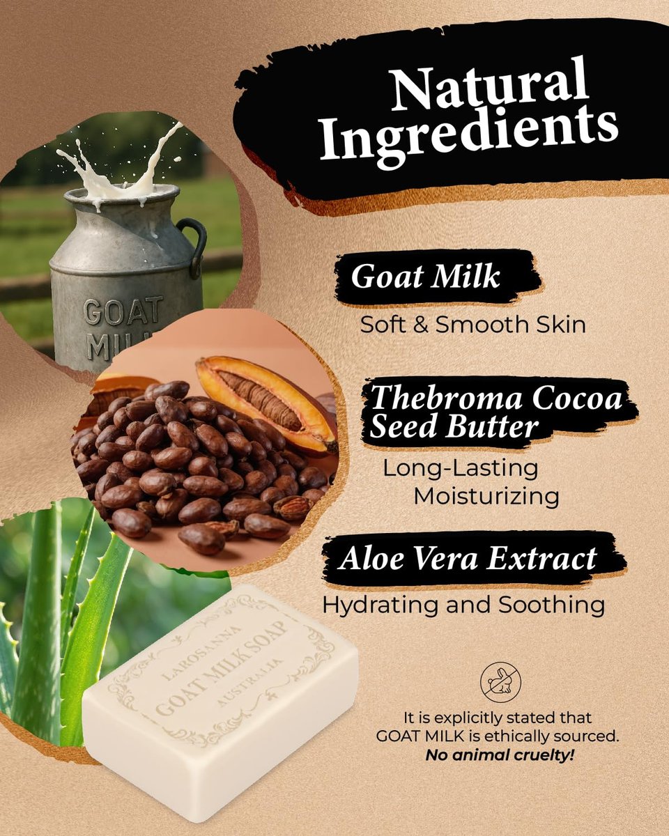 larosanna Australian Goat Milk Soap – Moisturizing Triple-Milled Bar Soap with Cocoa Butter, Aloe Vera & Pure Plant Oil, 6.3 oz, Pack of 4 Avelisse