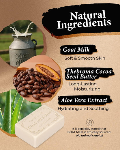 larosanna Australian Goat Milk Soap – Moisturizing Triple-Milled Bar Soap with Cocoa Butter, Aloe Vera & Pure Plant Oil, 6.3 oz, Pack of 4 Avelisse