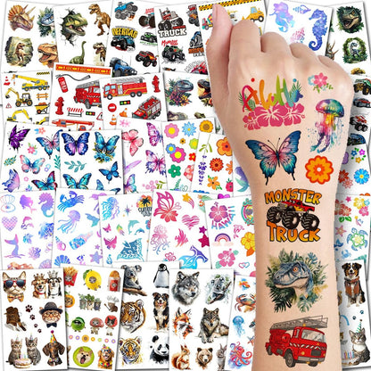 CHARLENT 320 Mixed Styles Temporary Tattoos for Kids - 36 Sheets of Car, Dinosaur, Hawaii, Mermaid, Watercolor Animals Tattoo Stickers for Birthday Party Supplies